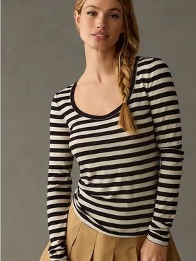 Anthropologie Maeve Striped Long-Sleeve Scoopneck Top - S
